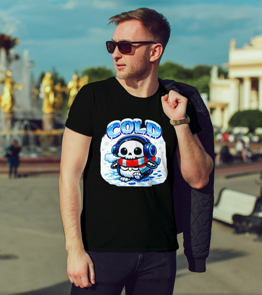 Cold Penguin Skeleton Winter Scarf Headphones Snowflakes T-Shirt