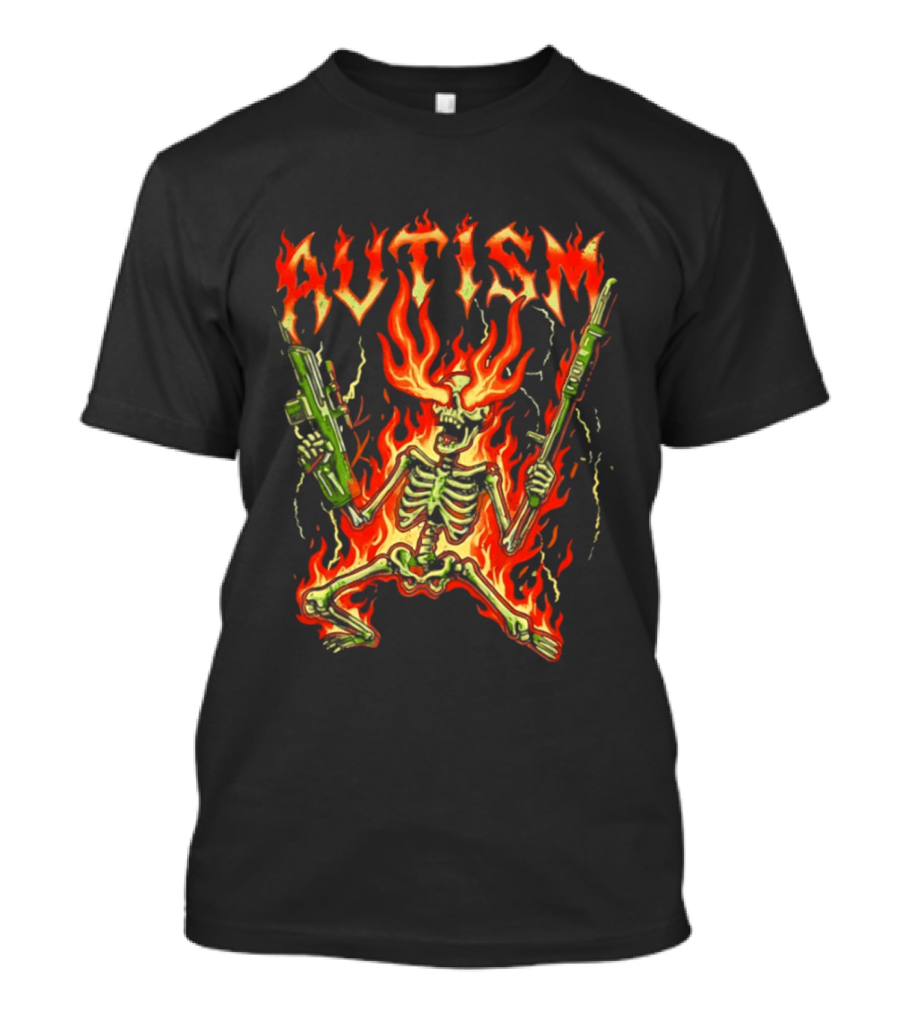 Skeleton Blazing Holding Two Rifle Guns Autism Flame T-Shirt