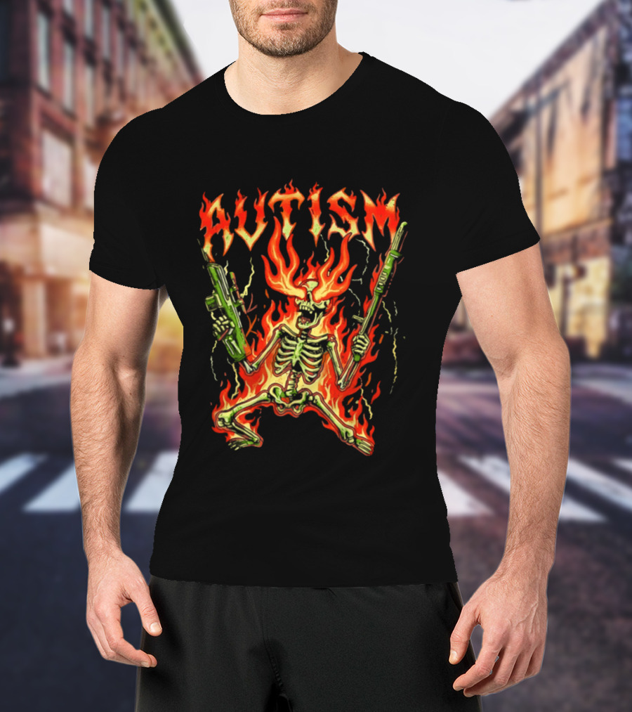 Skeleton Blazing Holding Two Rifle Guns Autism Flame T-Shirt