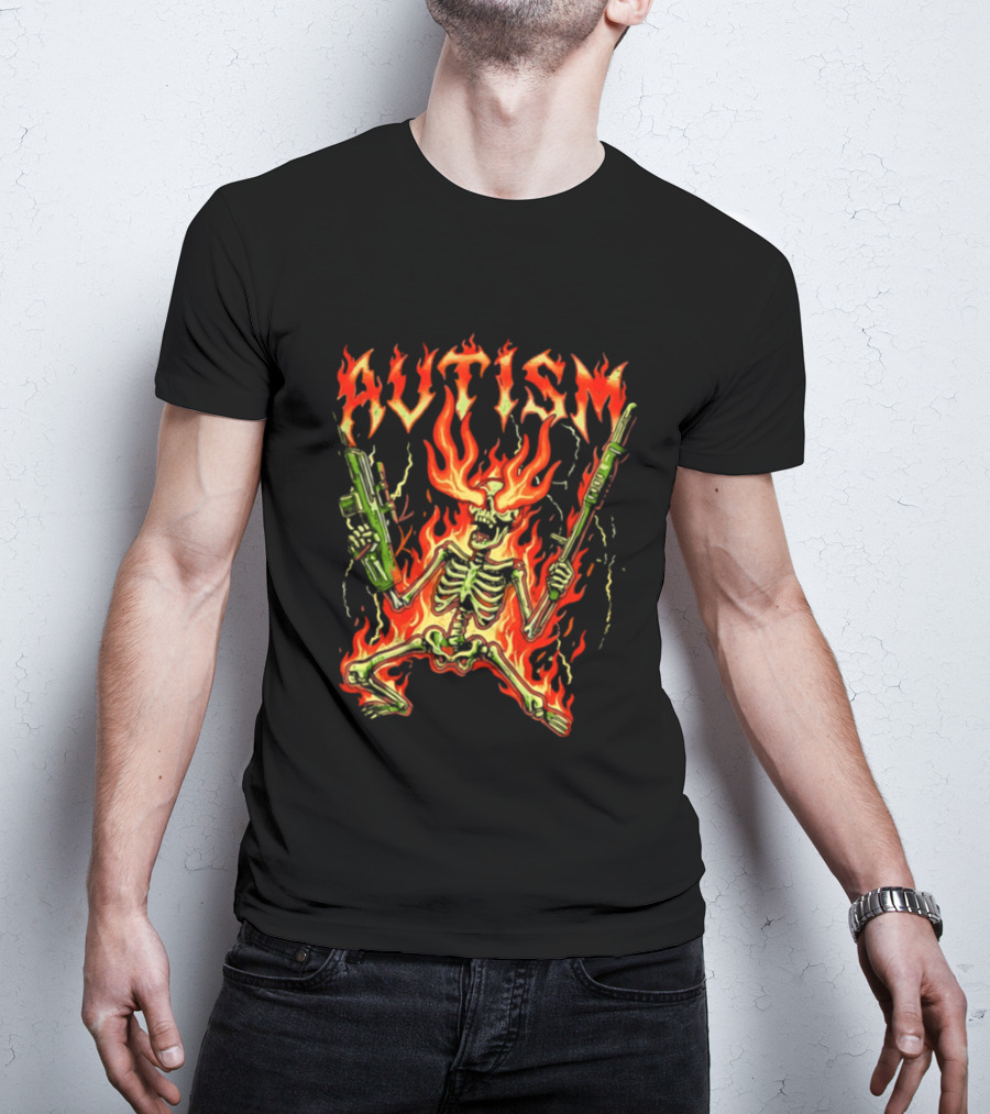 Skeleton Blazing Holding Two Rifle Guns Autism Flame T-Shirt