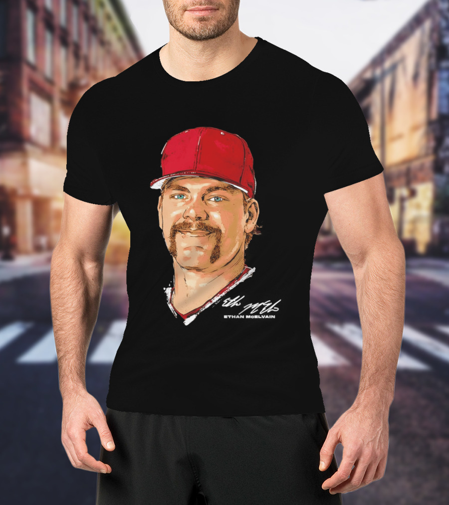 Ethan McElvain Arkansas Razorbacks Baseball Player Portrait In Red Cap T-Shirt
