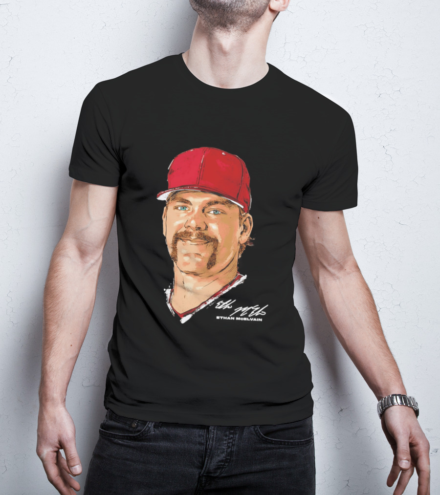 Ethan McElvain Arkansas Razorbacks Baseball Player Portrait In Red Cap T-Shirt