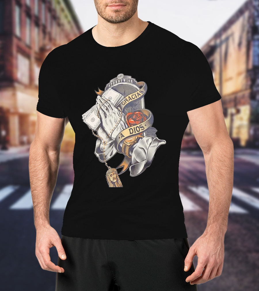 Streetwise Gracias A Dios Prayer Hands Rose Rosary T-Shirt