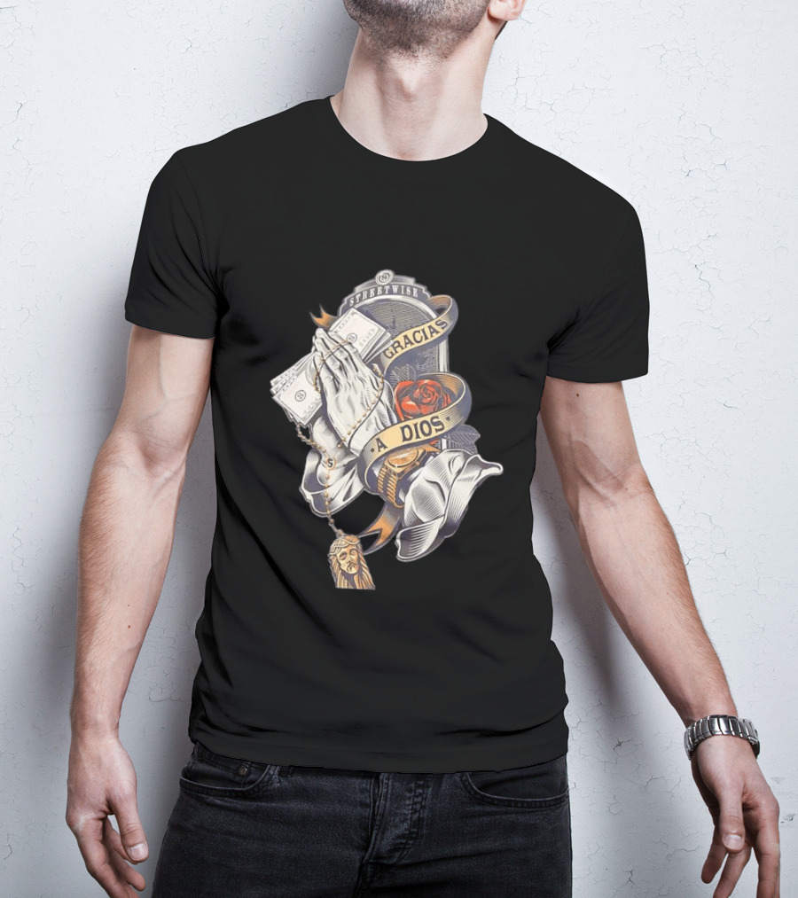 Streetwise Gracias A Dios Prayer Hands Rose Rosary T-Shirt