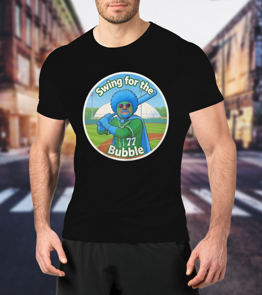 Swing For The Bubble 77 Baseball Cartoon Player Stadium T-Shirt