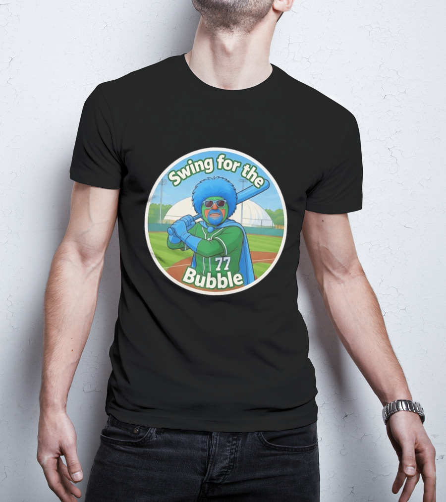 Swing For The Bubble 77 Baseball Cartoon Player Stadium T-Shirt