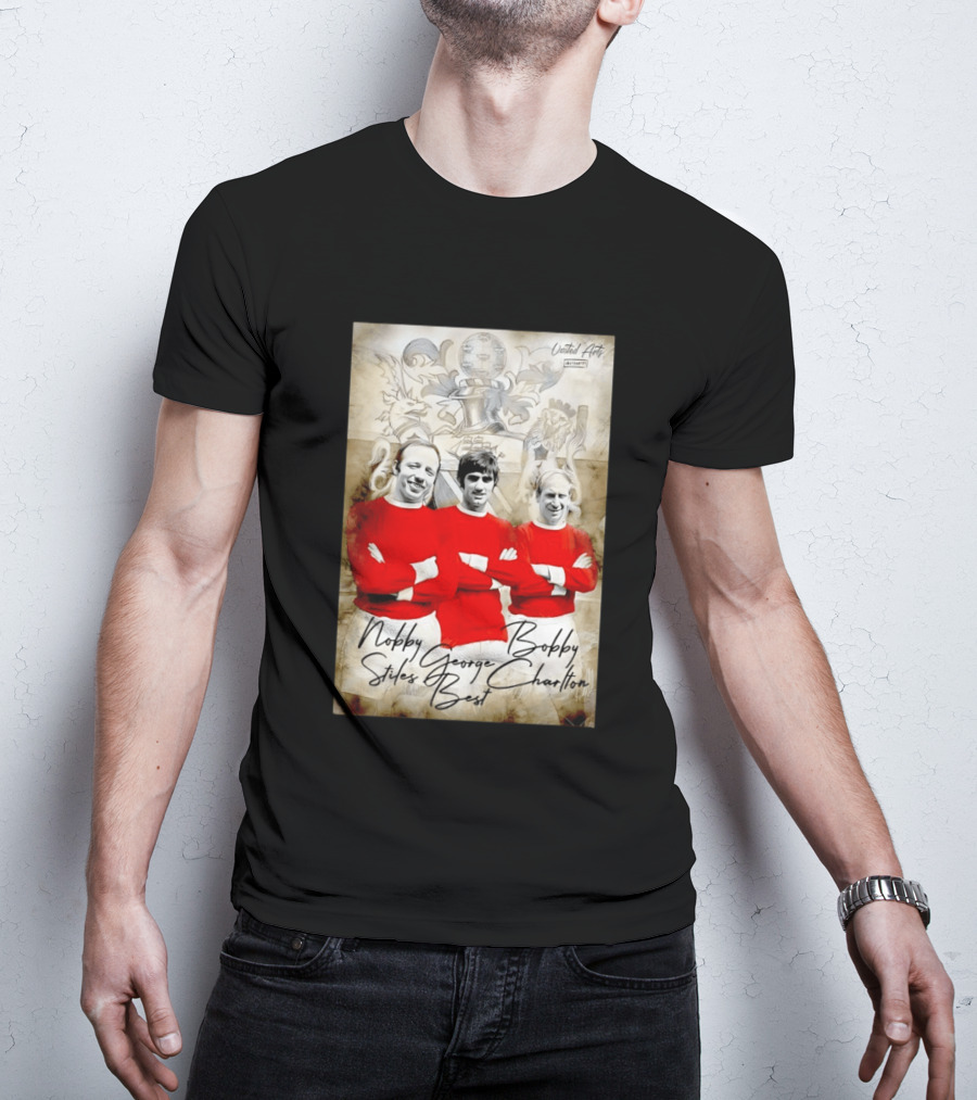 Nobby Stiles George Best Bobby Charlton Manchester United UEFA European Cup Lion Sketch T-Shirt
