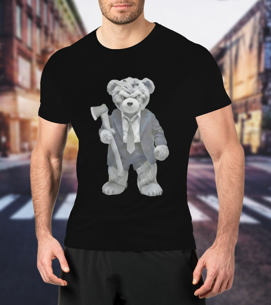 Grumpy Teddy Bear In Suit Holding Axe Horror T-Shirt