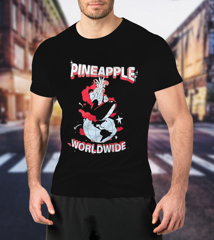 Pineapple Worldwide Cartoon Exploding Globe T-Shirt