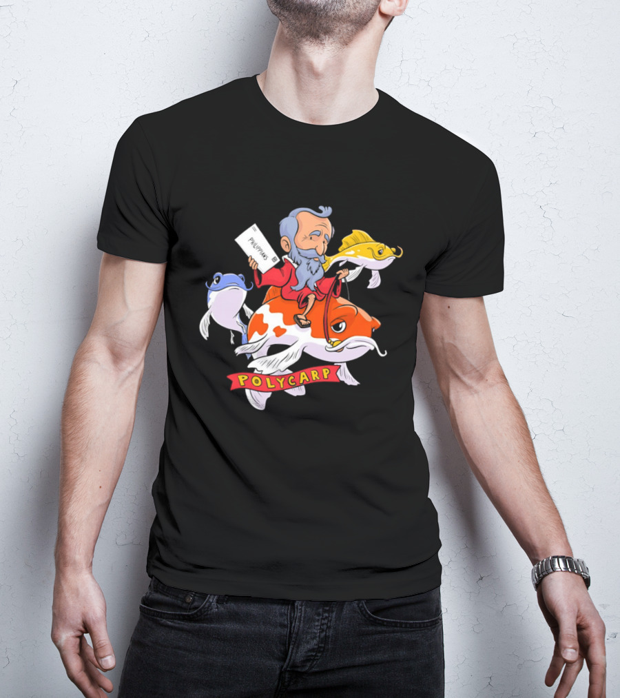 Polycarp Philippians Cartoon Elder Riding Giant Koi Fish With Scroll And Whimsical Sea Creatures T-Shirt
