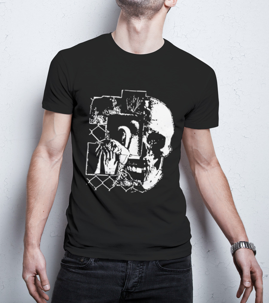Harms Way Chain Link Skull 2026 Distorted Surreal White Design With Fence T-Shirt