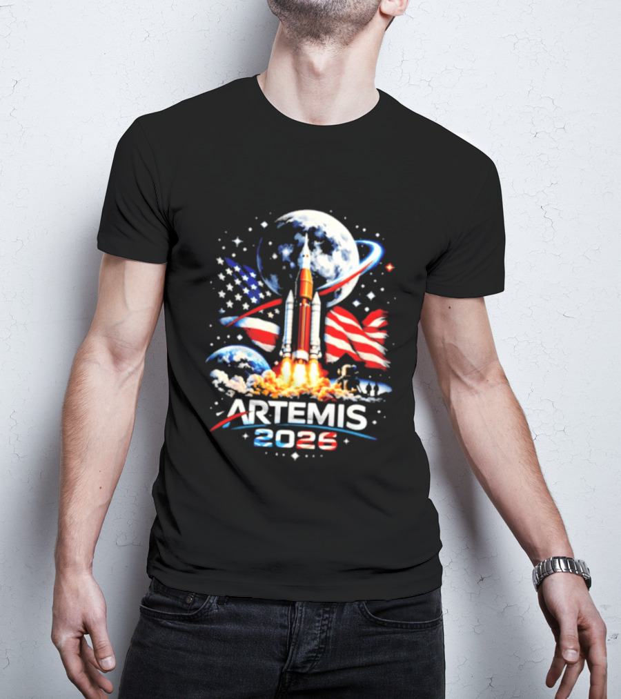 Artemis 2025 Rocket Launch USA Flag Moon Exploration T-Shirt