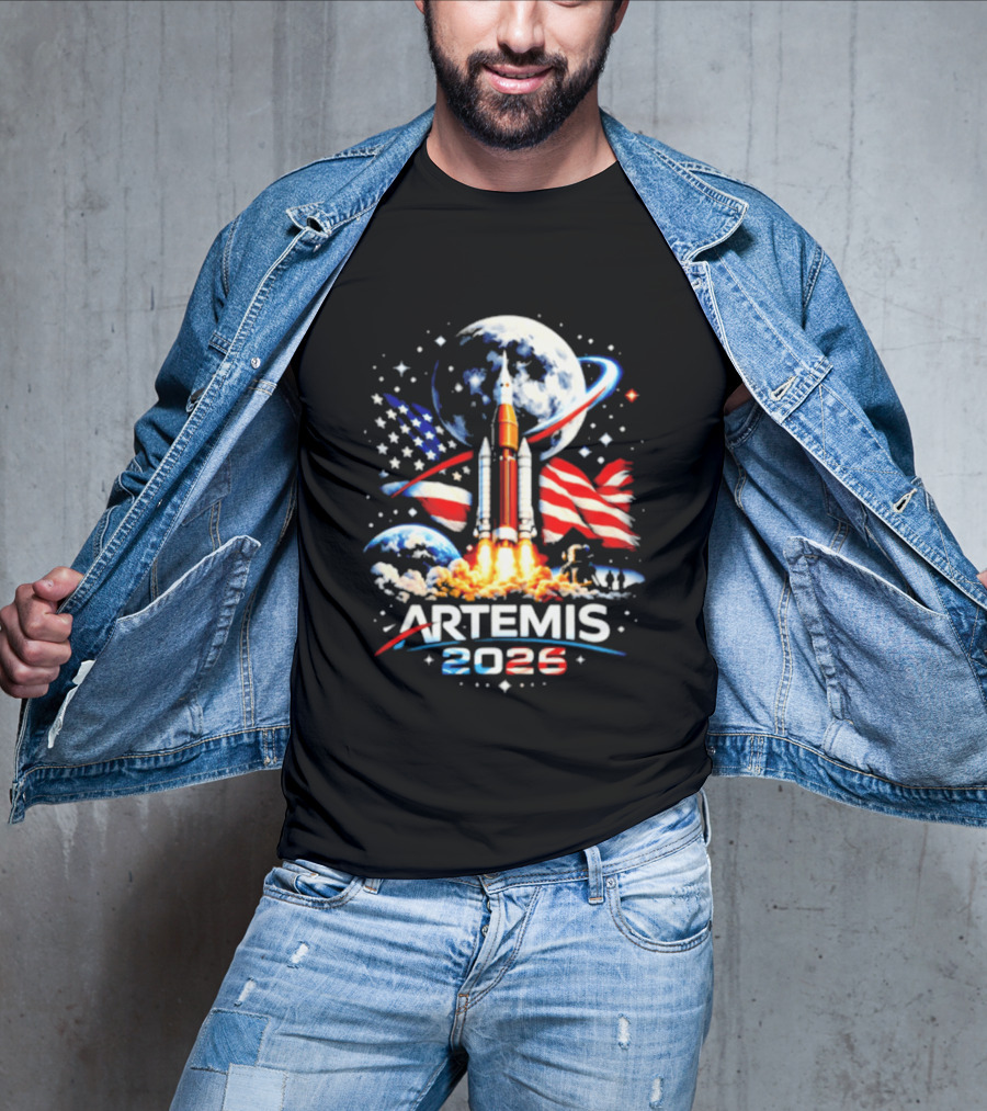 Artemis 2025 Rocket Launch USA Flag Moon Exploration T-Shirt
