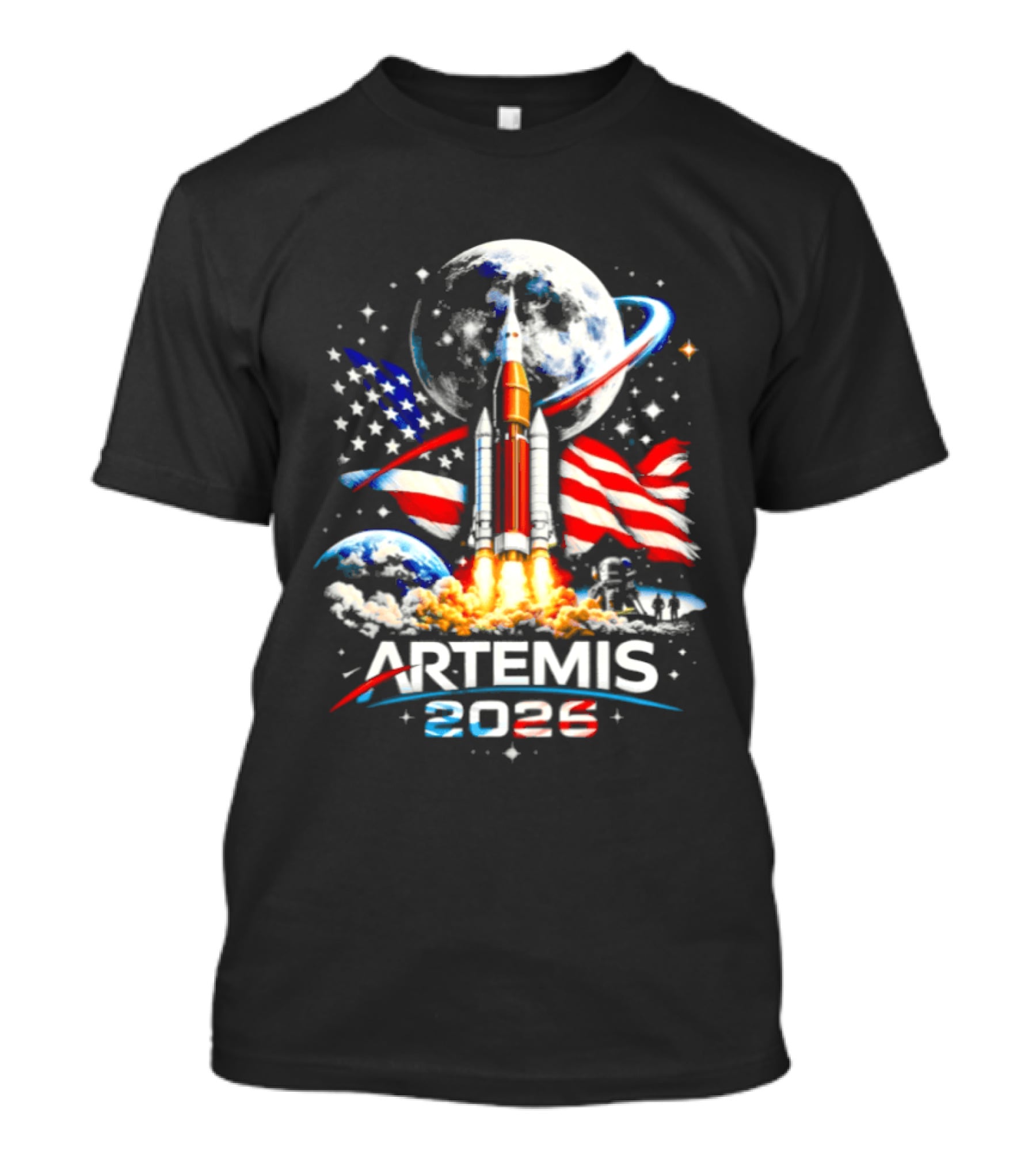 Artemis 2026 Moon Mission American Rocket Launch With Flag And Stars T-Shirt