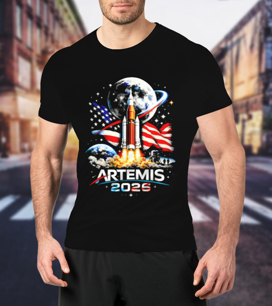 Artemis 2026 Moon Mission American Rocket Launch With Flag And Stars T-Shirt