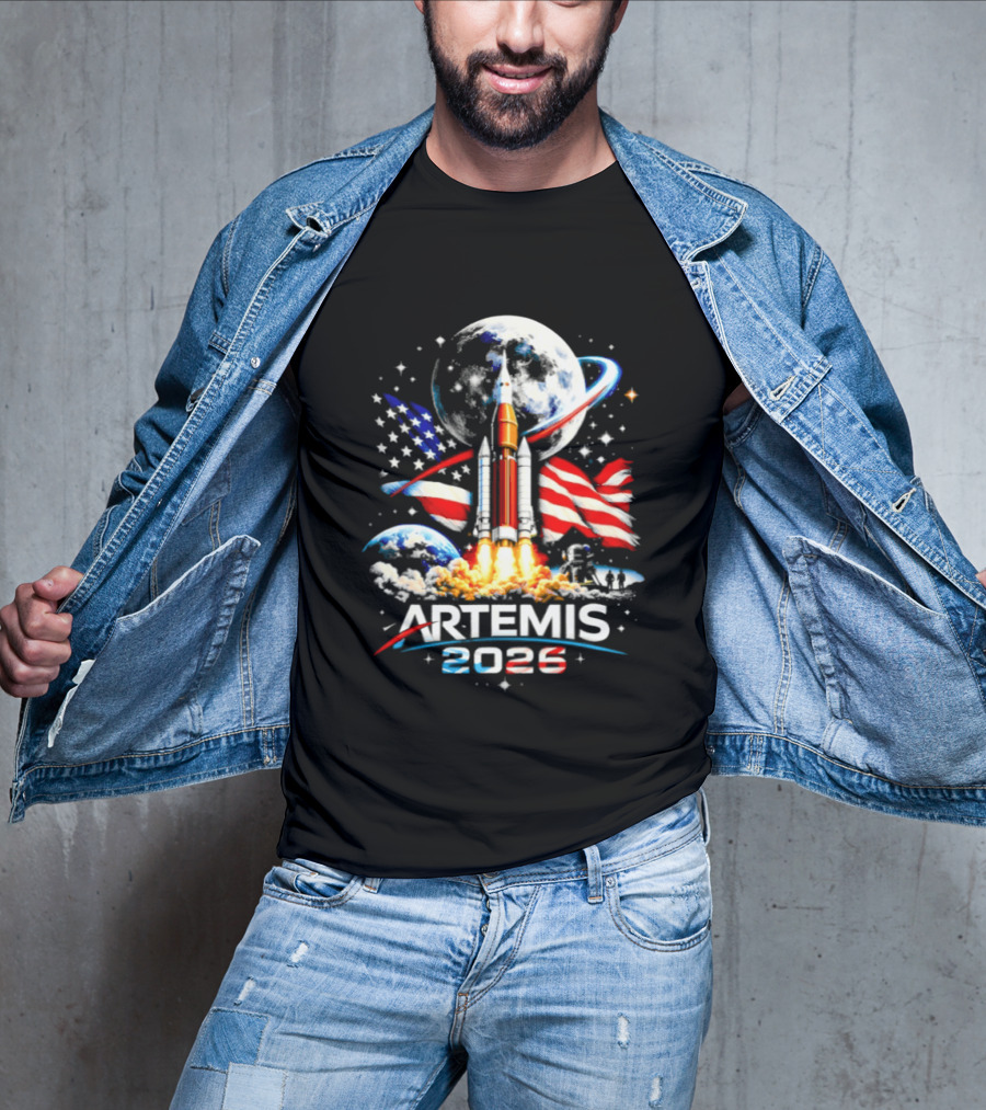 Artemis 2026 Moon Mission American Rocket Launch With Flag And Stars T-Shirt