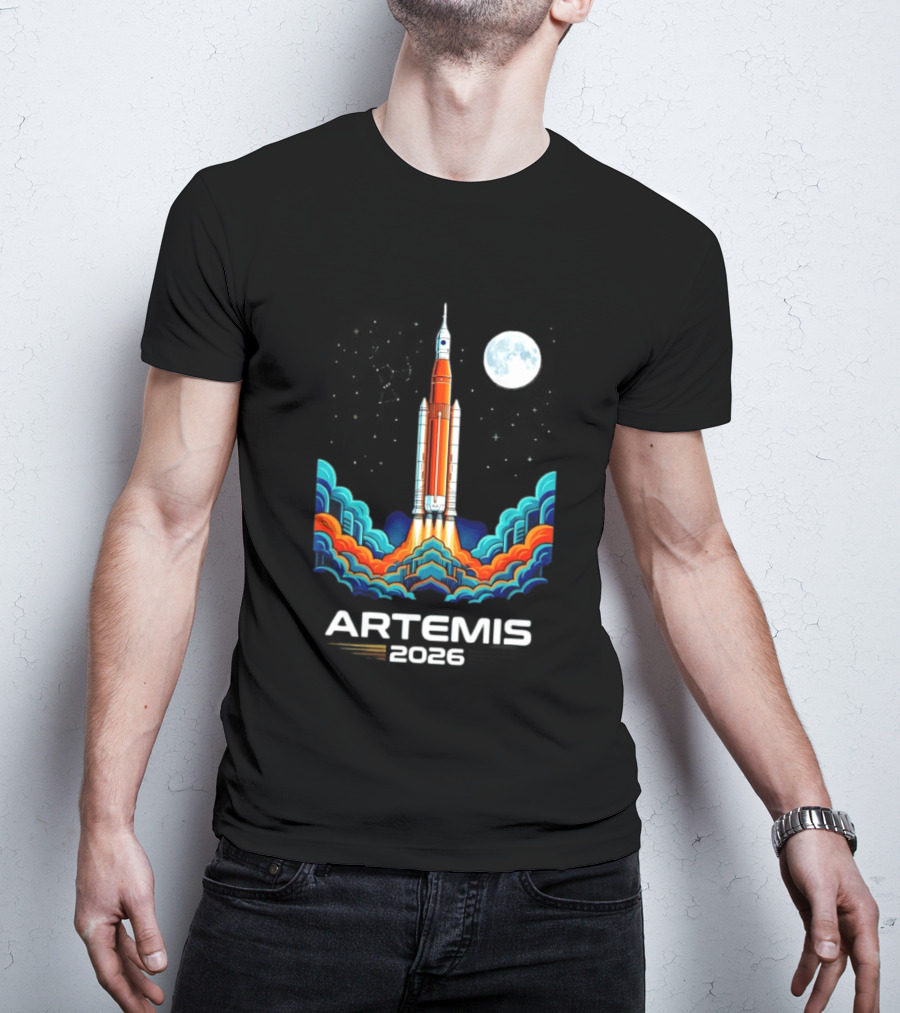 Artemis 2026 Moon Mission Rocket Launch With Vibrant Waves And Full Moon T-Shirt
