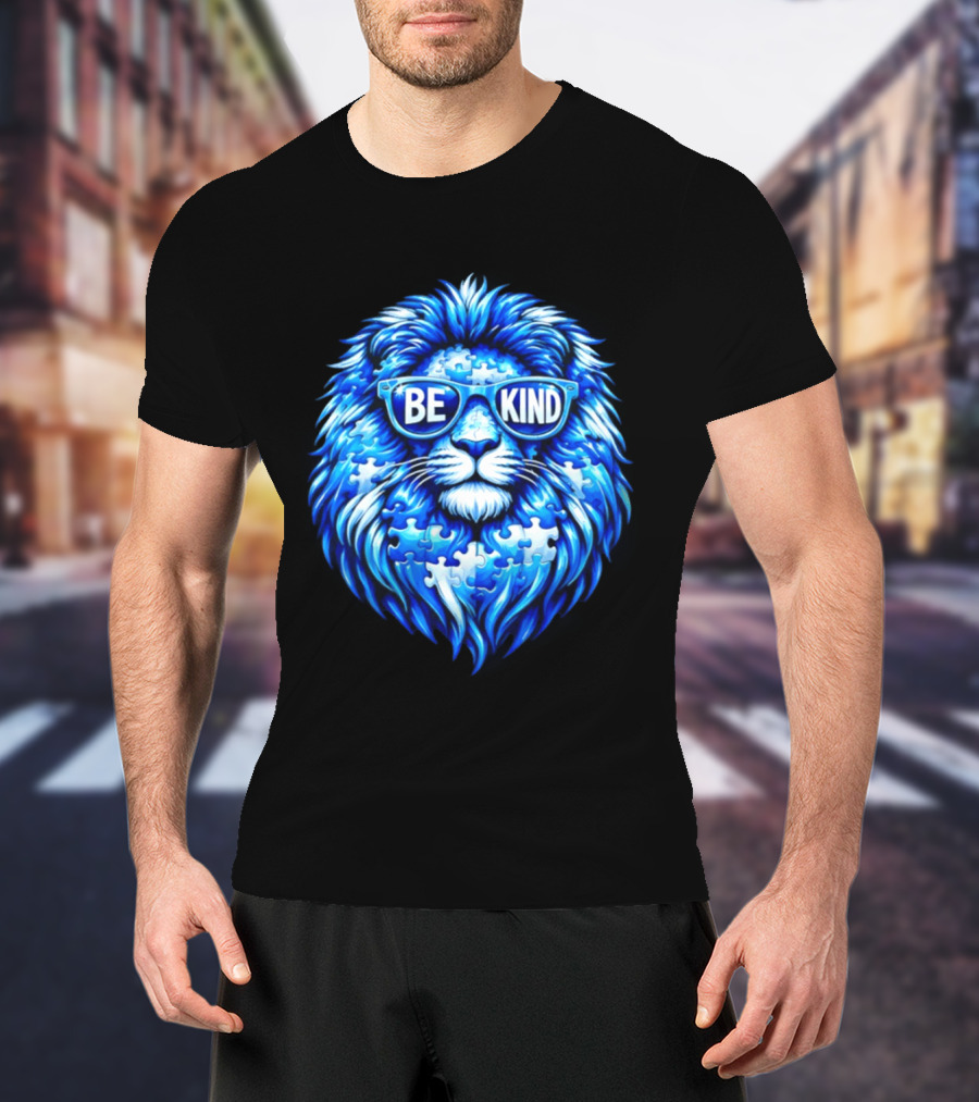 Blue Lion Be Kind Sunglasses Autism Awareness Puzzle T-Shirt