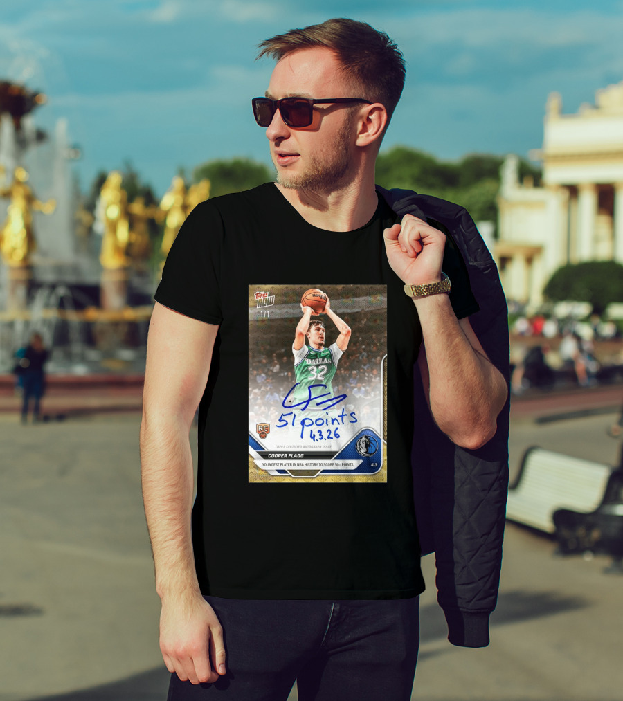 Topps Now Cooper Flagg 51 Points Youngest NBA History Dallas Mavericks Rookie Card T-Shirt