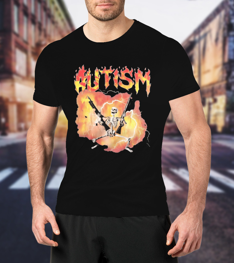 Autism Flaming Skeleton Meme Guns Edgy Fire T-Shirt
