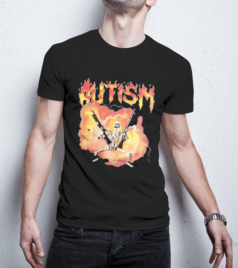 Autism Flaming Skeleton Meme Guns Edgy Fire T-Shirt