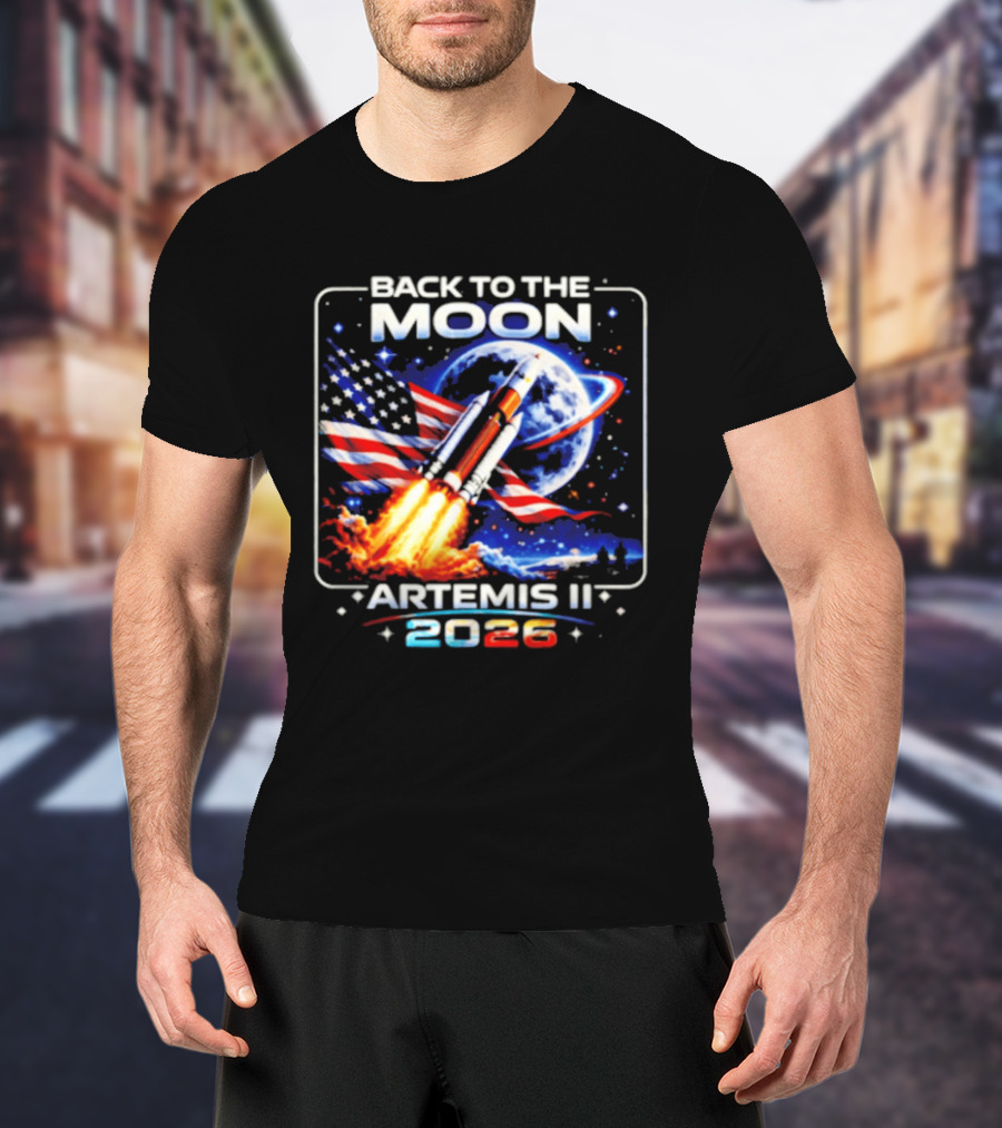 Back To The Moon Artemis II 2026 Rocket Launch Space Mission USA Flag T-Shirt