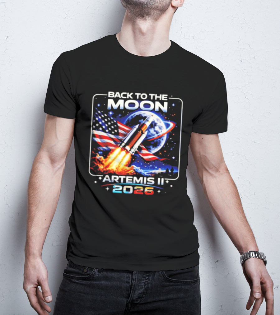 Back To The Moon Artemis II 2026 Rocket Launch Space Mission USA Flag T-Shirt