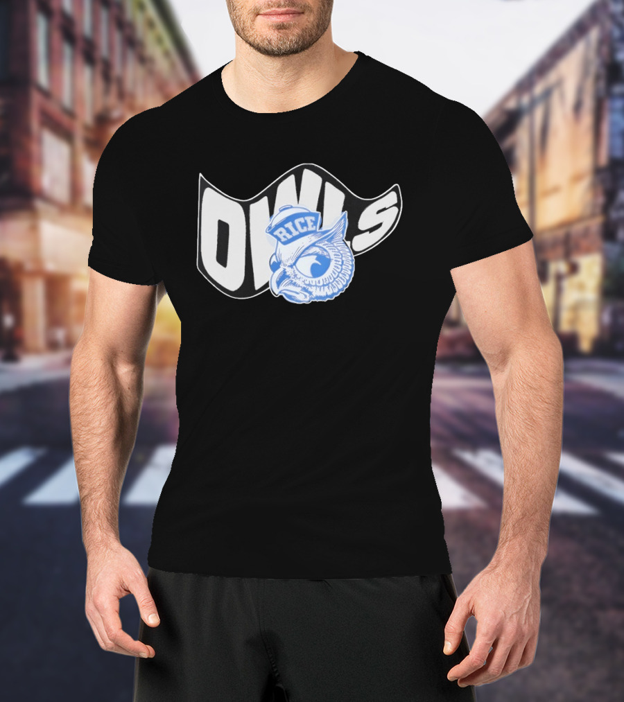 Rice Owls Waving Flag Bold Script With Blue Owl T-Shirt
