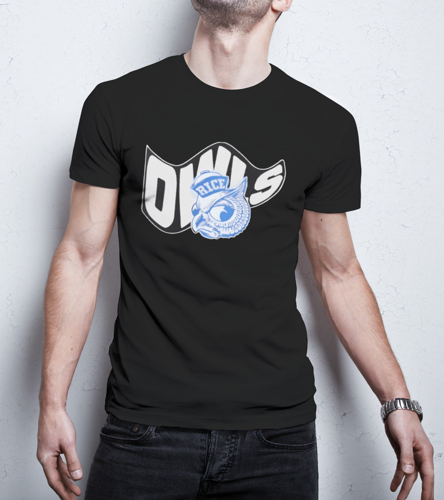 Rice Owls Waving Flag Bold Script With Blue Owl T-Shirt