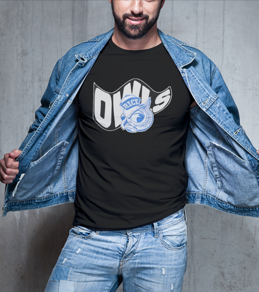 Rice Owls Waving Flag Bold Script With Blue Owl T-Shirt