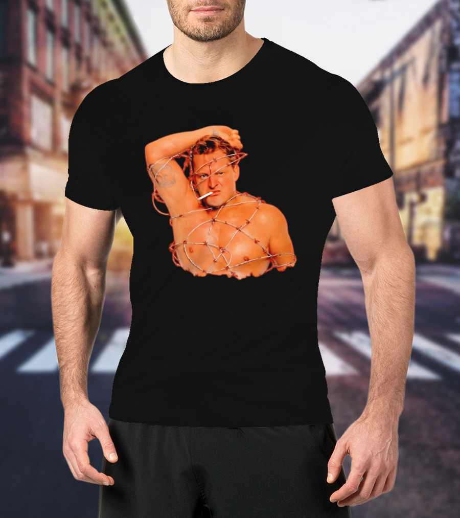 Sandman Barbed Wire Screenprinted Wrapping Wrestler With Cigarette T-Shirt