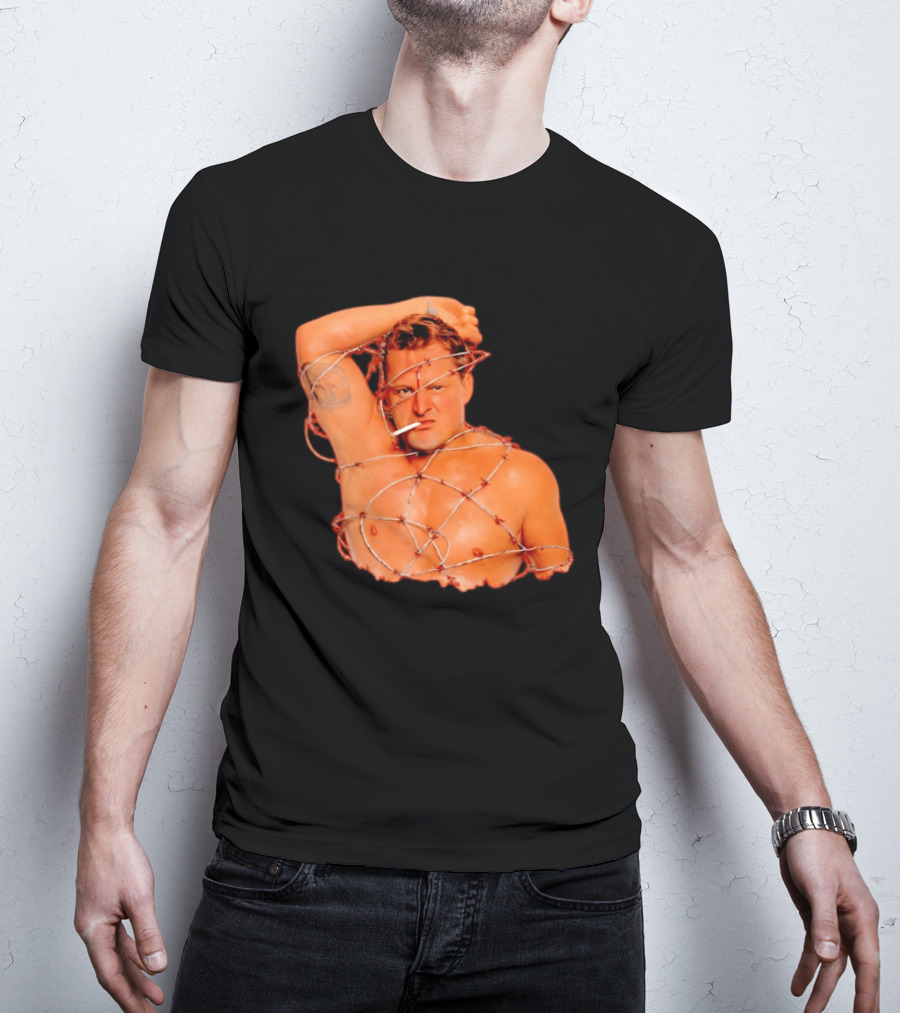 Sandman Barbed Wire Screenprinted Wrapping Wrestler With Cigarette T-Shirt