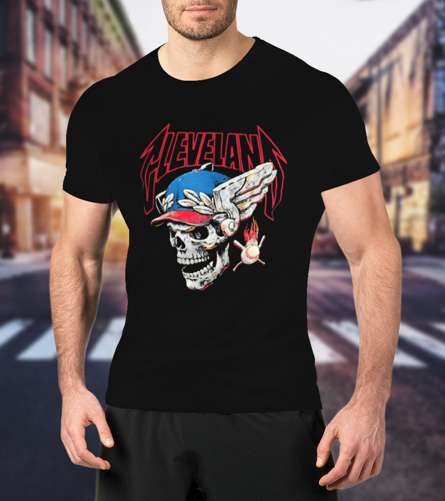 Cleveland Skull Flames Winged Helmet Baseball Bat And Ball T-Shirt