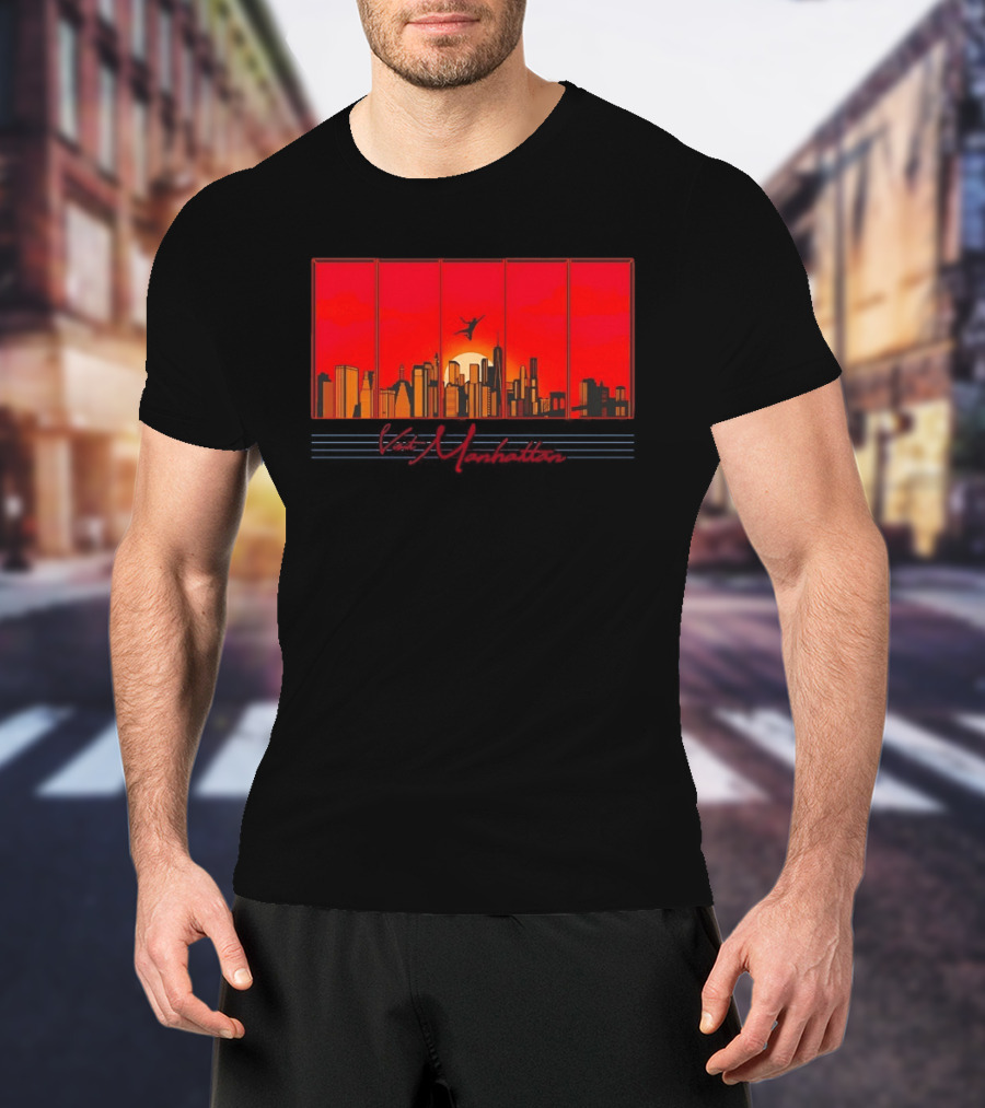 Visit Manhattan Skyline Sunlit Silhouette Red Sunset T-Shirt