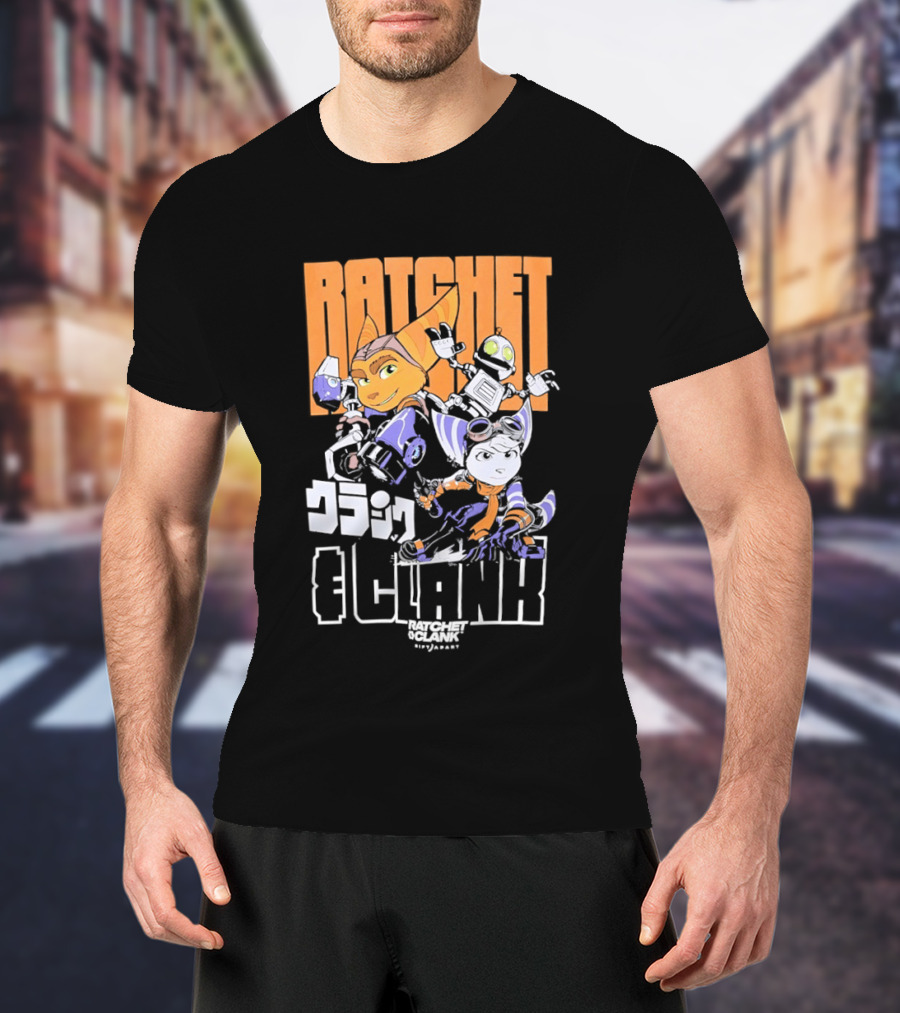 Ratchet And Clank Characters Orange And White Illustration With Japanese T-Shirt