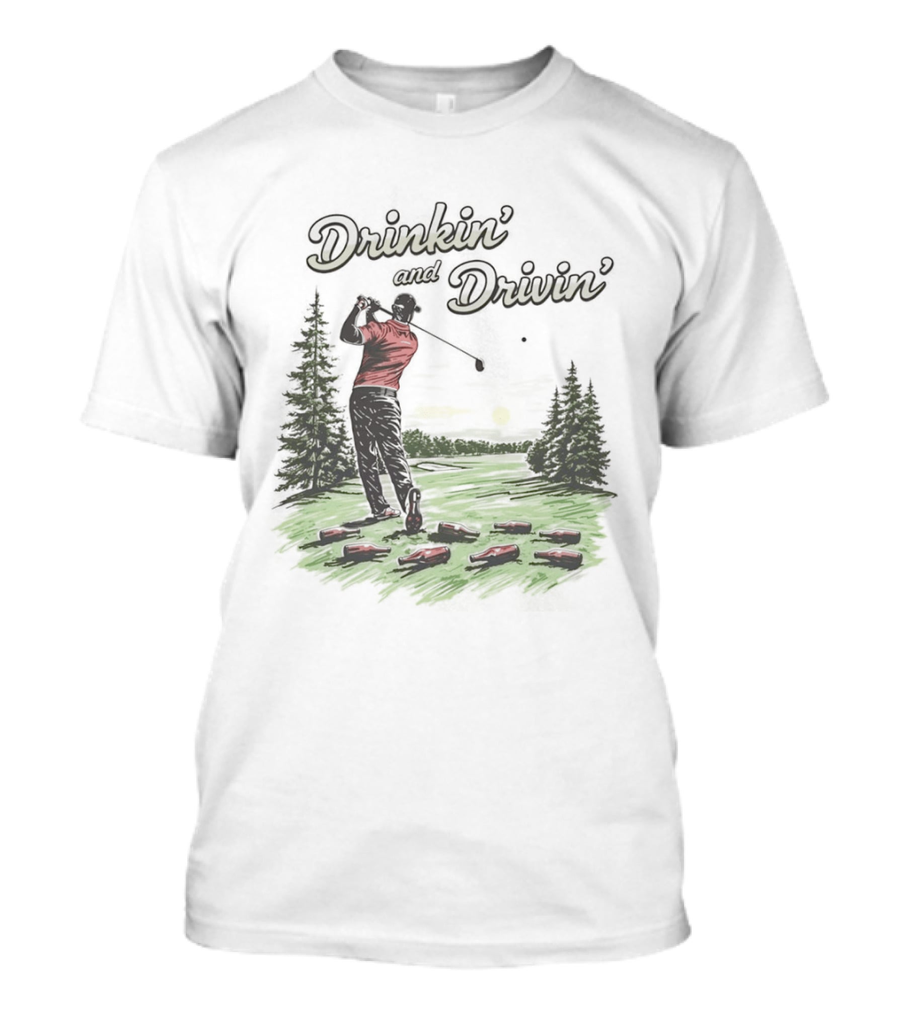 Drinkin' And Drivin' Man Playing Golf With Sunset And Trees T-Shirt