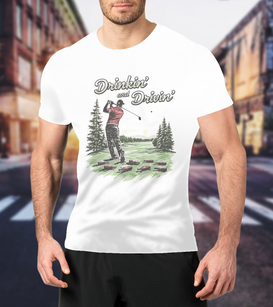 Drinkin' And Drivin' Man Playing Golf With Sunset And Trees T-Shirt