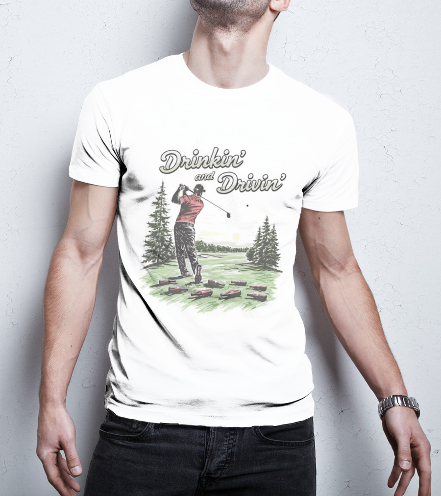 Drinkin' And Drivin' Man Playing Golf With Sunset And Trees T-Shirt