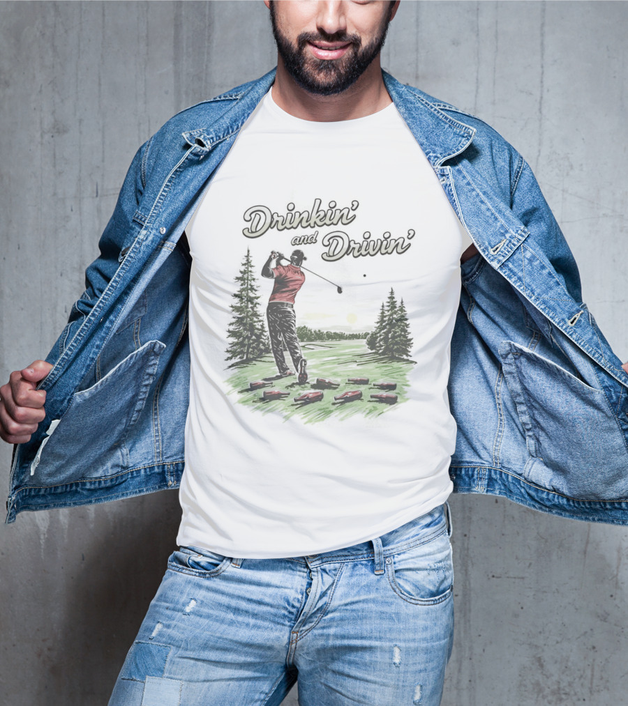 Drinkin' And Drivin' Man Playing Golf With Sunset And Trees T-Shirt