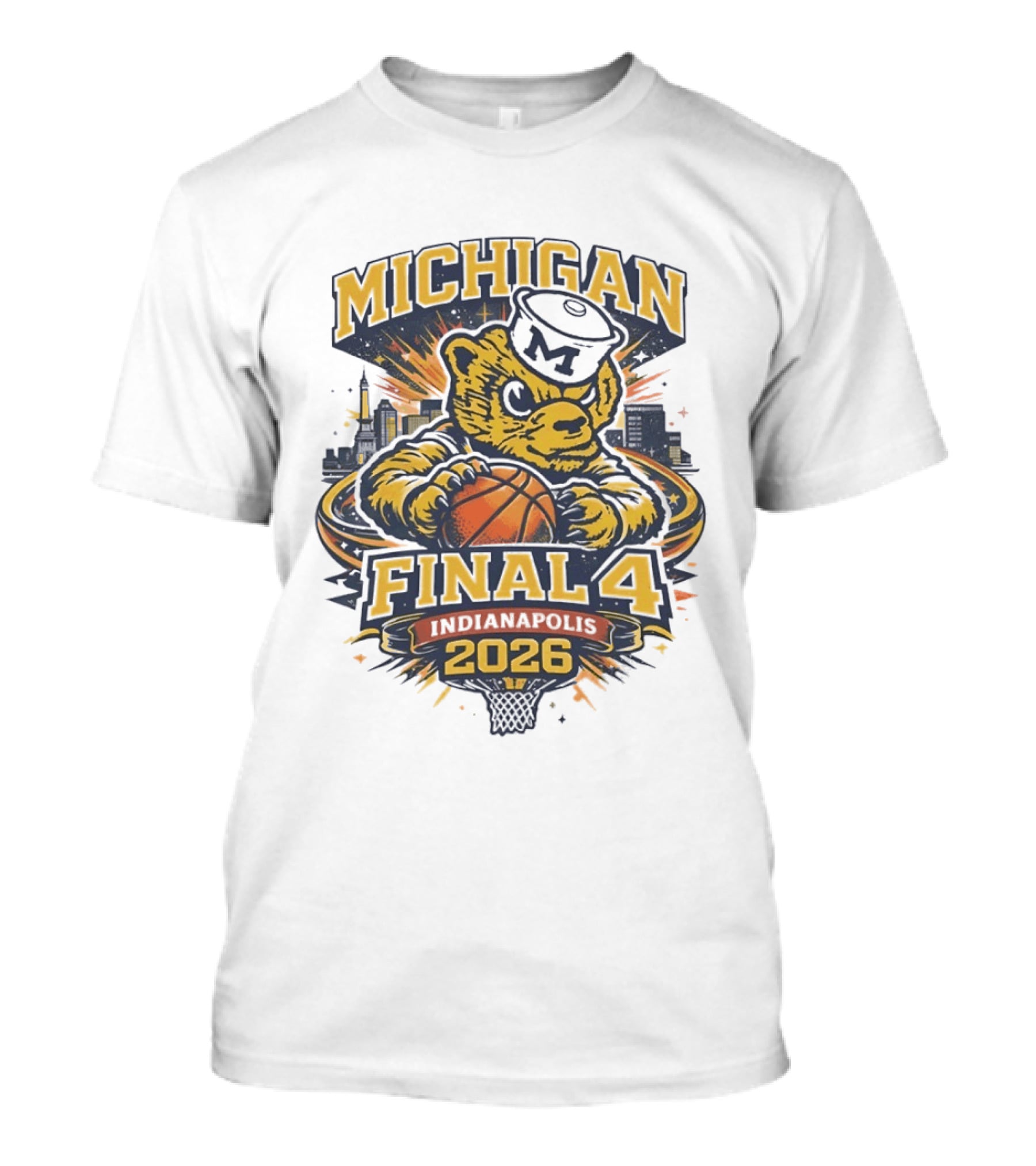 Michigan Wolverines Final Four 2026 Indianapolis Skyline Basketball Bear T-Shirt