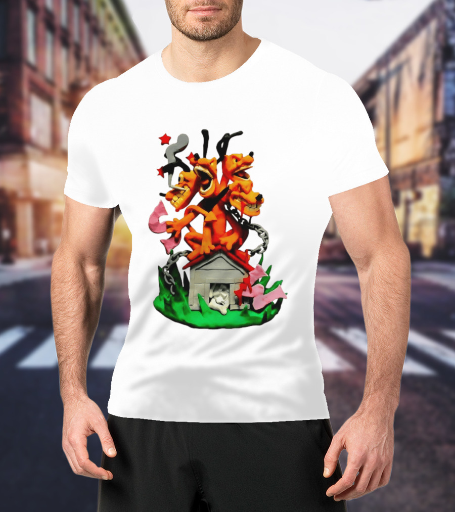Three Head Monster Dog Cerberus Cartoon Chain House Statue T-Shirt