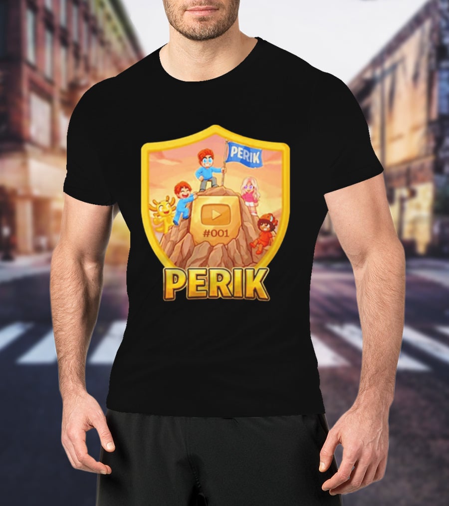 Perik #001 Cartoon Characters On Mountain With YouTube Play Button Image T-Shirt