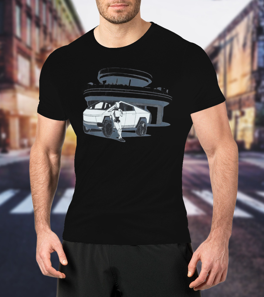 Tesla Cybertruck And Robot At Space Age Coffee Counter T-Shirt