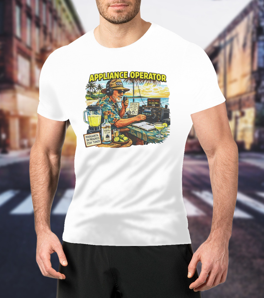 Appliance Operator Radio Margarita In Progress Stay Tuned Beach Tropical Scene T-Shirt