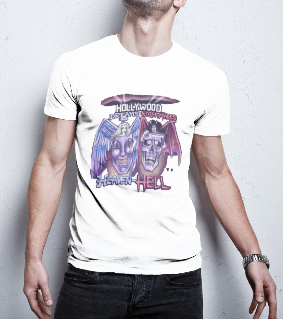 Hollywood Dreams Nightmares Heaven Hell Angel And Demon Skulls T-Shirt