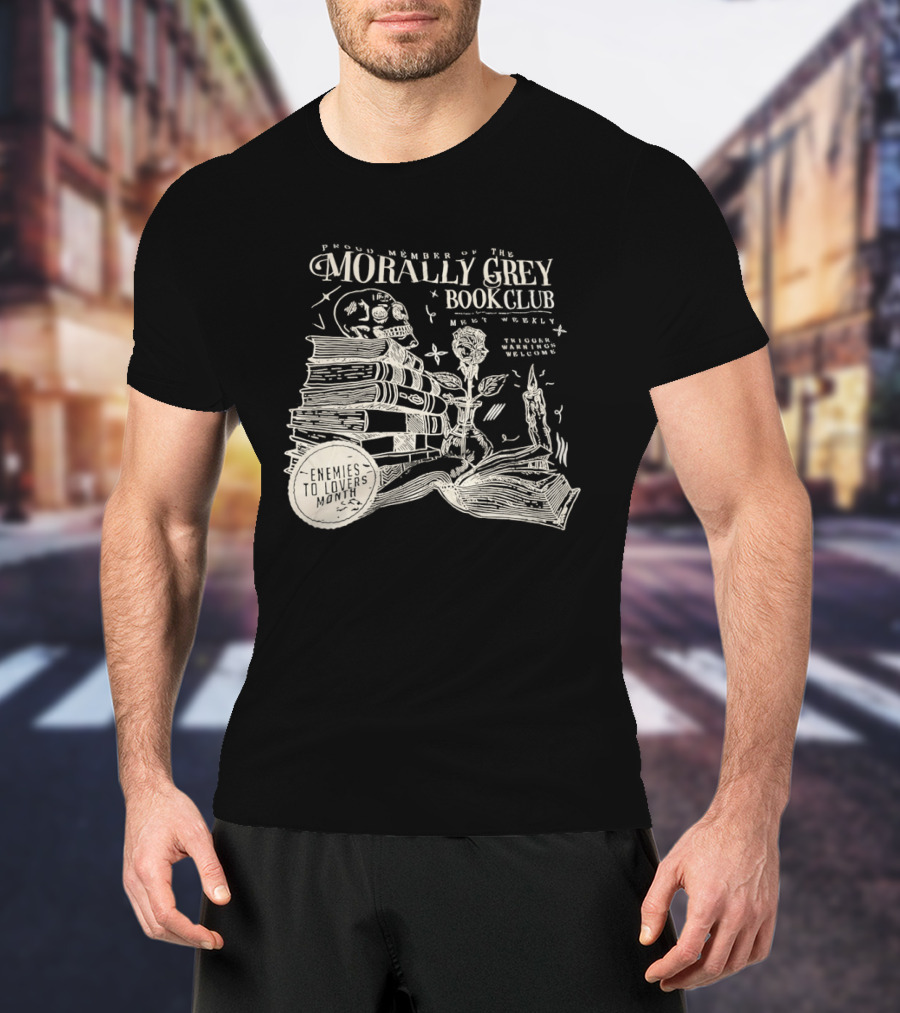 Morally Grey Book Club Skull Candle Rose Stacked Books Open Pages Stars T-Shirt