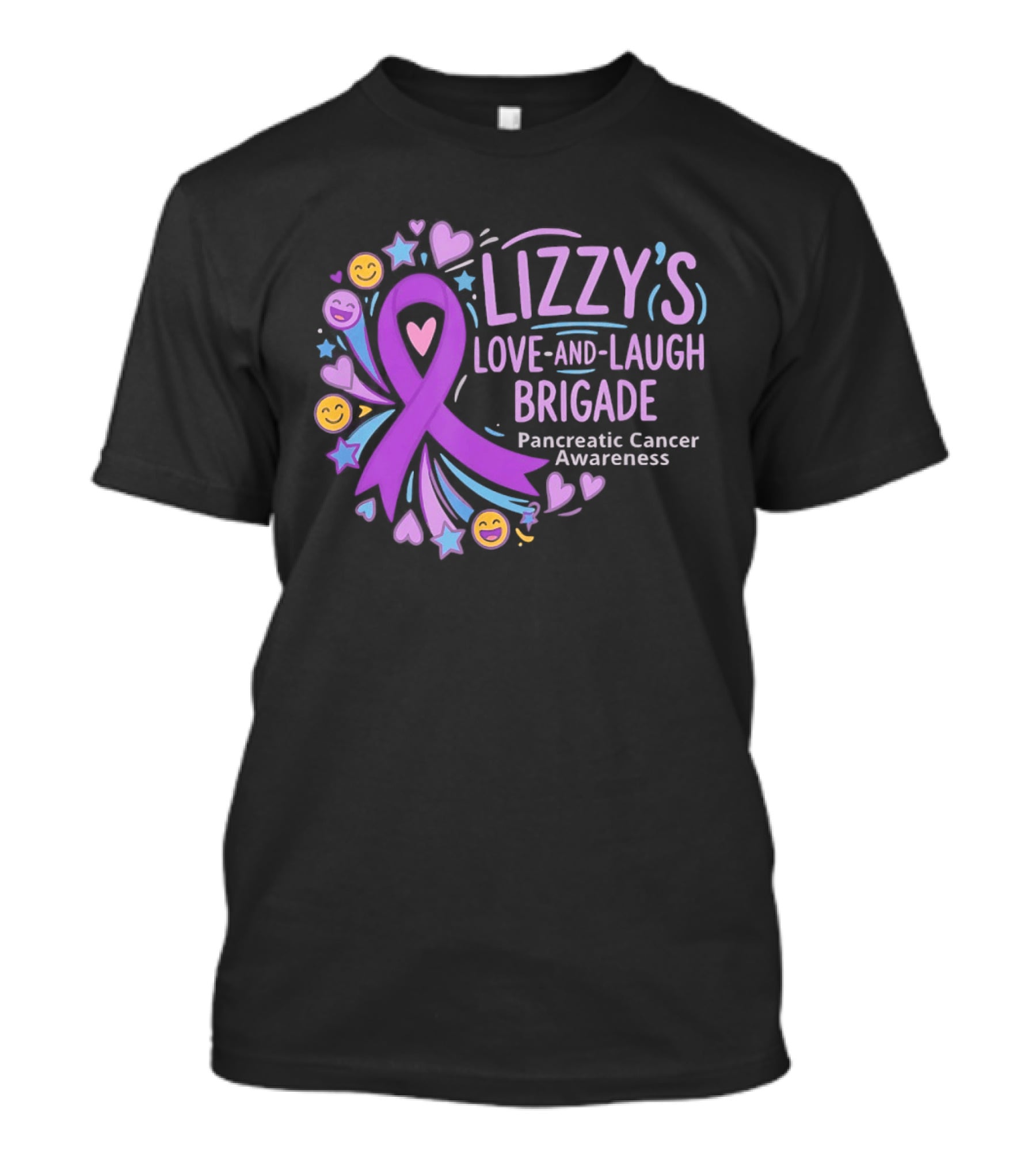 Lizzy's Love And Laugh Brigade Pancreatic Cancer Awareness Purple Ribbon Hearts And Smiles T-Shirt