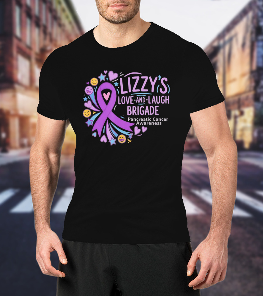 Lizzy's Love And Laugh Brigade Pancreatic Cancer Awareness Purple Ribbon Hearts And Smiles T-Shirt