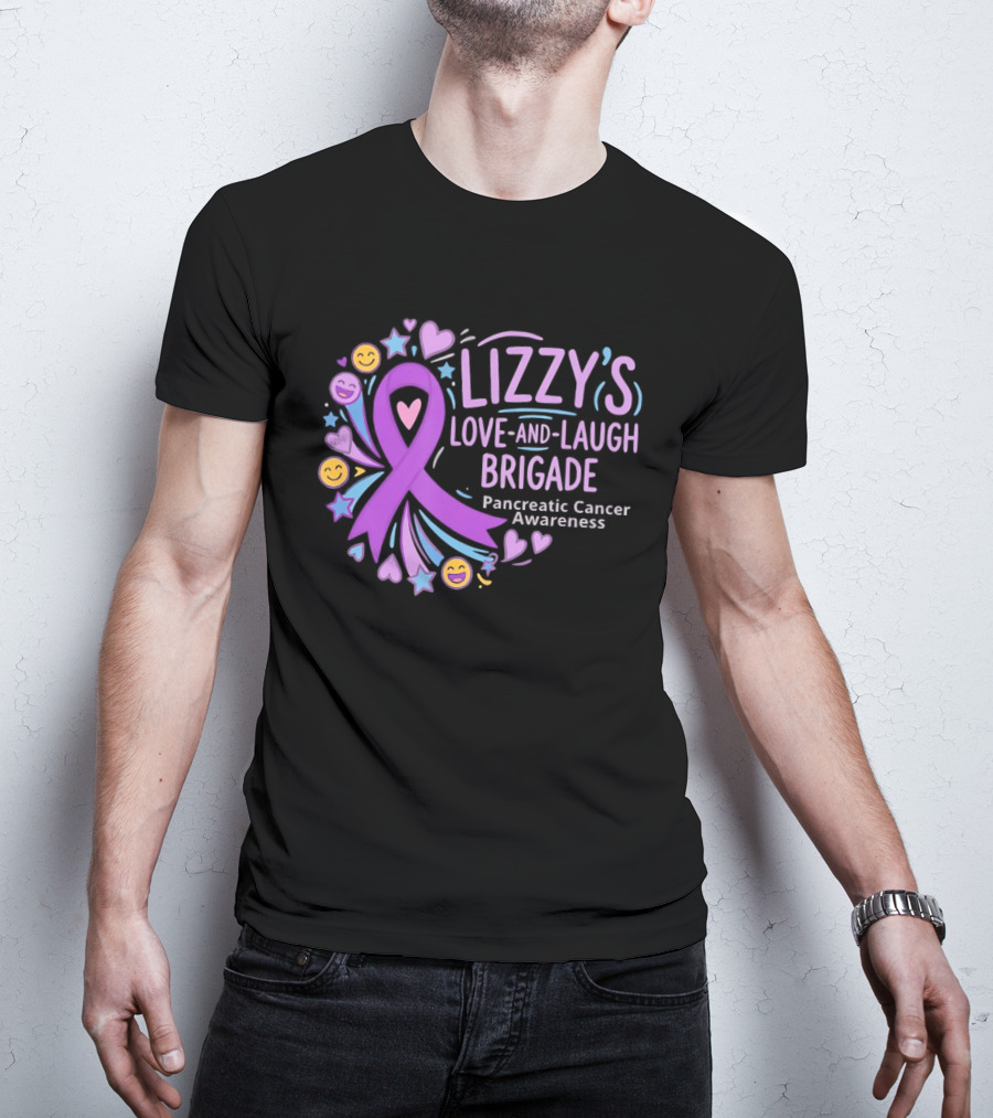 Lizzy's Love And Laugh Brigade Pancreatic Cancer Awareness Purple Ribbon Hearts And Smiles T-Shirt