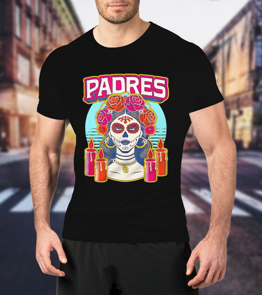 San Diego Padres La Catrina Dia De Los Muertos Candles And Flowers T-Shirt